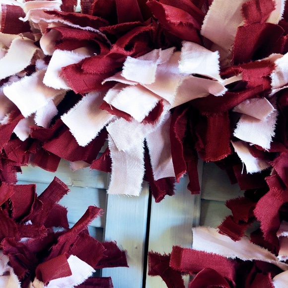 Hand Crafted Pink Maroon Wine Rag Heart Wreath, Shabby Chic, Valentine's Day 15" - Picture 3 of 7